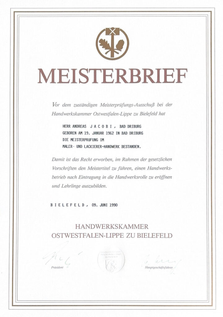Meisterbrief von Andreas Jacobi